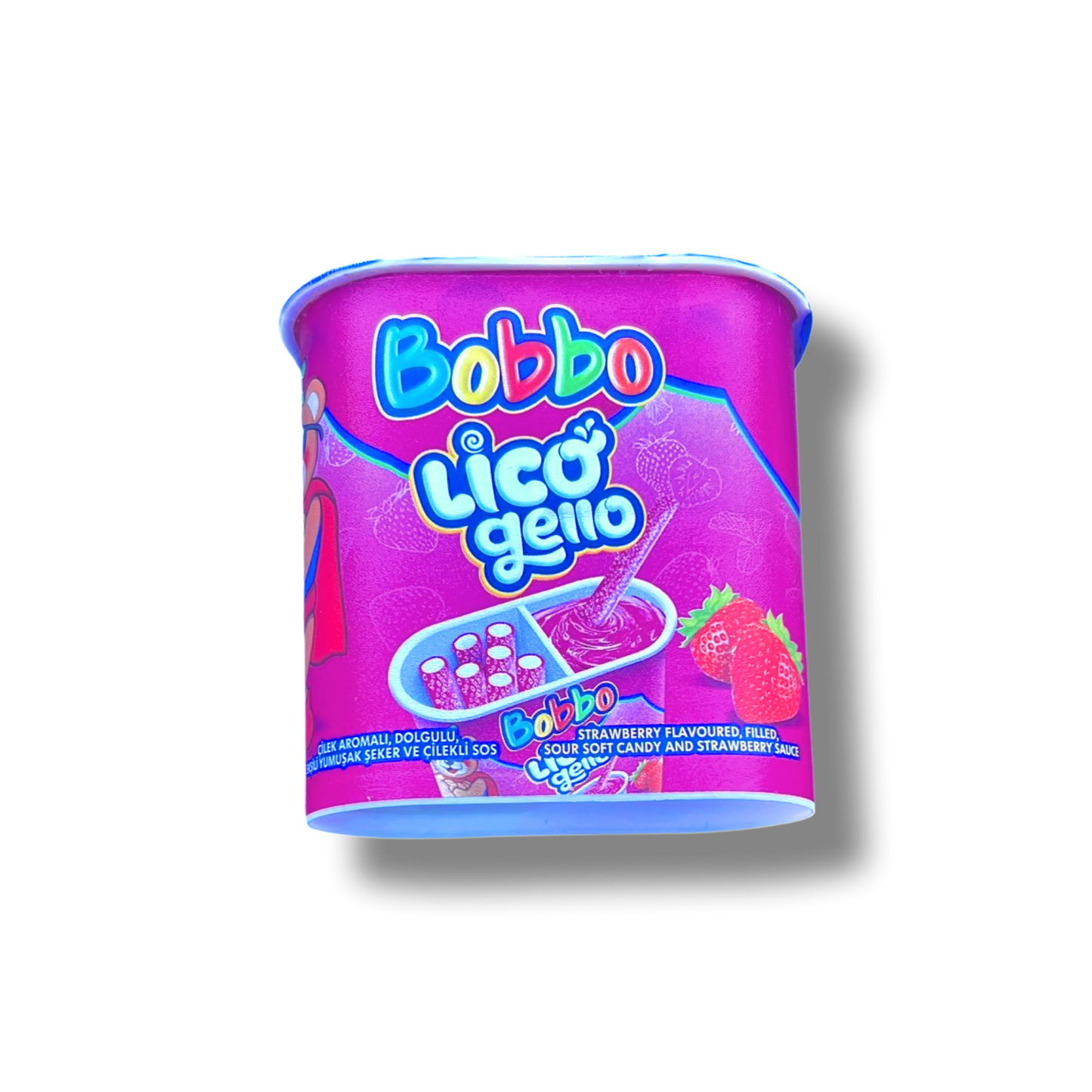 Bobbo Fizzy Strawberry Candy Sticks with Sour Gel Pot 45g